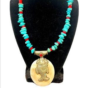 Turquoise/Red Coral Necklace, Reversible Silver Fish+Sea Turtle, Bone Pendant.